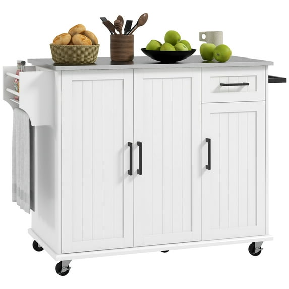 Xukmct Rolling Kitchen Island with 3 Cabinet and Wheels and Towel Rack, Stainless Steel Top Kitchen Cart with Drawer and Spice Rack, White