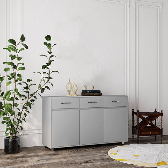Xukmct Side Cabinet with 3 Drawer and 4 Shelves, 3 Doors Storage Cabinet for Living Room, Kitchen, Gray
