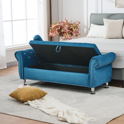 Xukmct Soft Velvet Storage Ottoman with Wood Frame, 62.2 Inch Storage Bench for Bedroom, Living Room, Blue