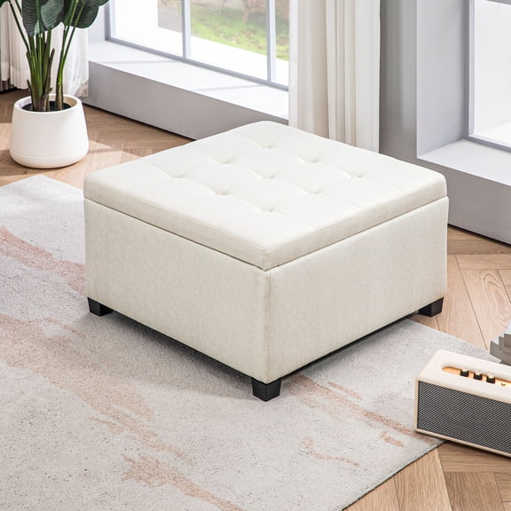 Xukmct Storage Ottoman with Lid and Wood Frame, Fabric Footrest for Living Room, Entryway, Bedroom, Beige