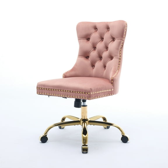 Xukmct Swivel Armelss Office Chair with Golden Metal Base, Velvet Upholstered Adjustable Desk Chair Task Chair for Living Room, Office, Pink