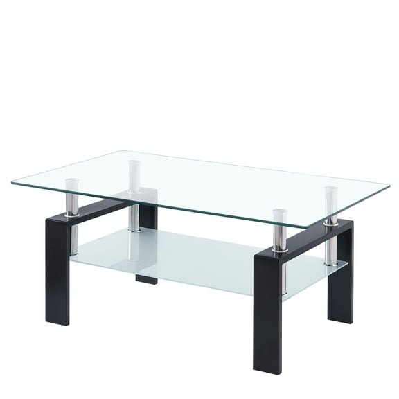 Xukmct Tempered Glass Tabletop Coffee Table, 2 Layers Center Table for Living Room, Office