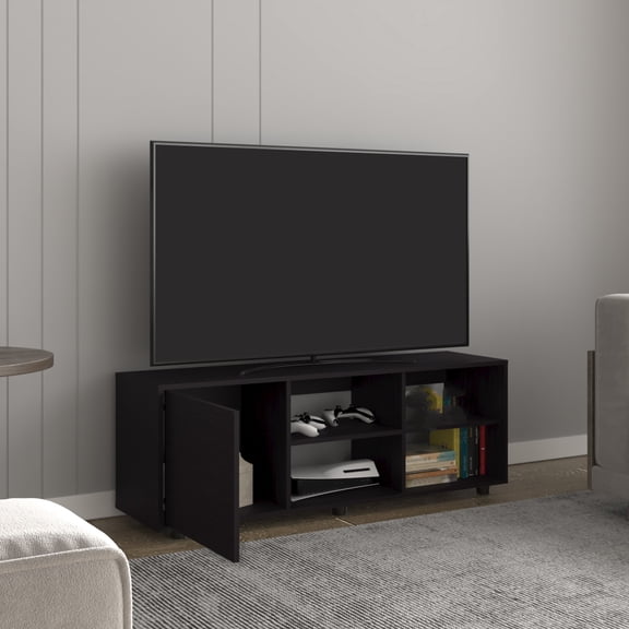 Xukmct Tv Stand for TVs up to 51", Media Entertainment Center with 1 Door and 4 Open Shelves and Cable Management, TV Cabinet for Office, Living Room, Black