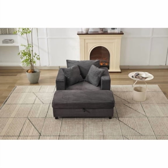 Xukmct Upholstered Corduroy Club Chair Accent Chair with Storage Ottoman and Pillow, Modern Armchair for Living Room, Bedroom, Dark Gray