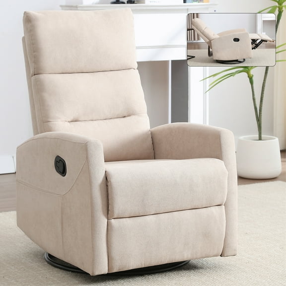 Xukmct Upholstered Fabric Leisure Chair Club Chair with Metal Base, Swivel Manual Recliner Chair for Living Room, Office, Bedroom, Beige