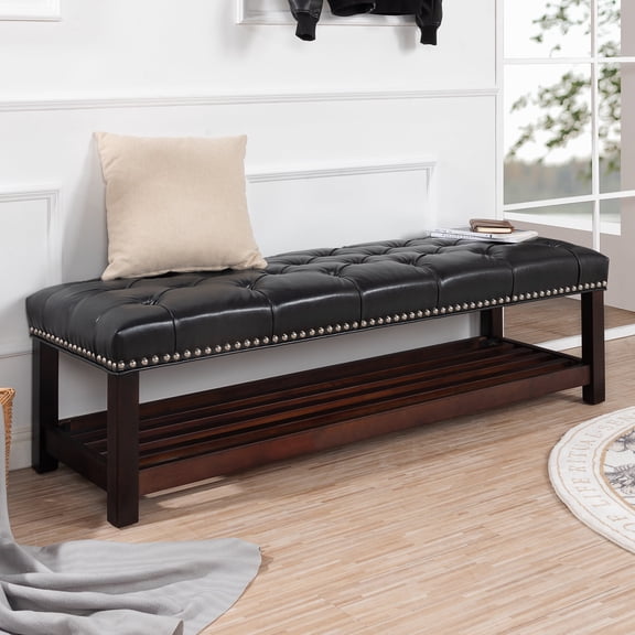 Xukmct Upholstered Leather End of Bed Bench with Shelf, Wood Frame Shoe Bench Shoe Rack Footstool for Bedroom, Living Room, Black