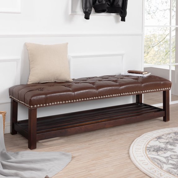 Xukmct Upholstered Leather End of Bed Bench with Shelf, Wood Frame Shoe Bench Shoe Rack Footstool for Bedroom, Living Room, Brown