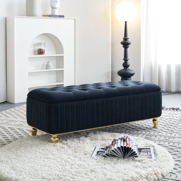 Xukmct Velvet Fabric Storage Bench with Safety Hinge, Upholstered Storage Ottoman Footstool for Living Room, Bedroom, Black