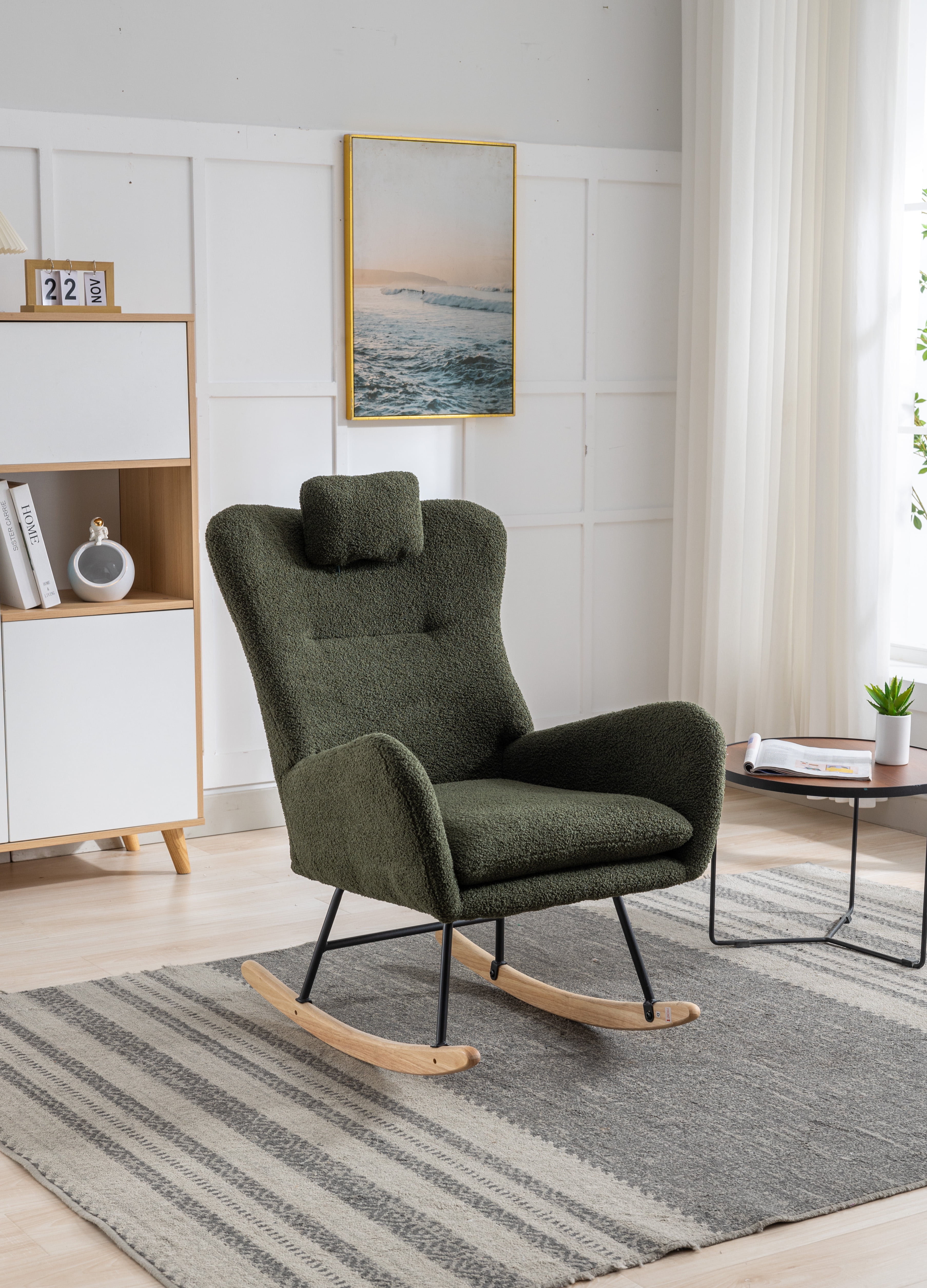 Xukmct Velvet Rocking Chair with Solid Wood Base and Pocket, Comfy ...