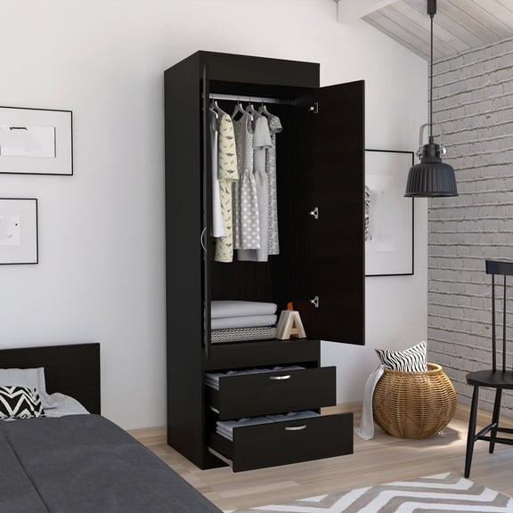 Xukmct Wood Armoire with Rod and 2 Drawers and Metal Handles, 2 Door Storage Cabinet for Living Room, Bedroom, Black