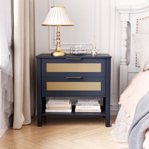 Xukmct Wood Bedside Table with 1 Open Shelf, 2 Drawers Nightstand for Bedroom, Living Room, Navy Blue