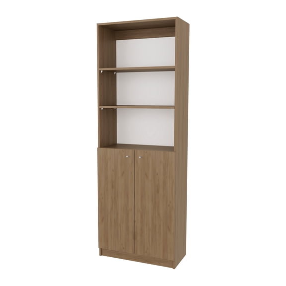 Xukmct Wood Bookcase with 2 Door Cabinet, 3 Open Shelves Bookshelf for Living Room, Office, Brown+White
