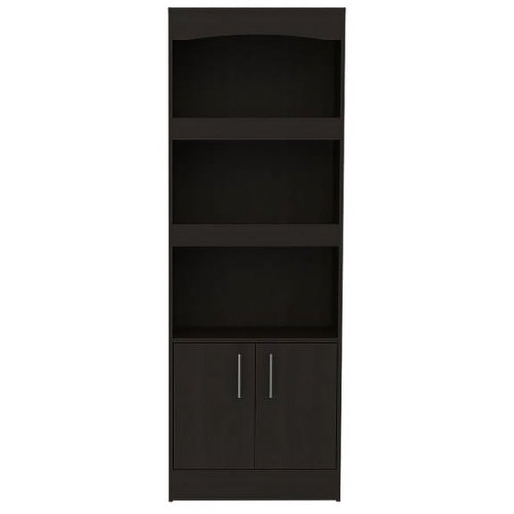 Xukmct Wood Bookcase with 2 Door Storage Cabinet, 3 Tiers Book Storage Rack for Living Room, Office, Black