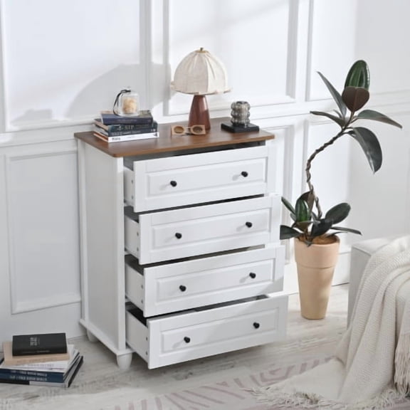 Xukmct Wood Chest of Drawers with Metal Handles, 4 Drawer Dresser for Hallway, Entryway, Living Room, Bedroom, White