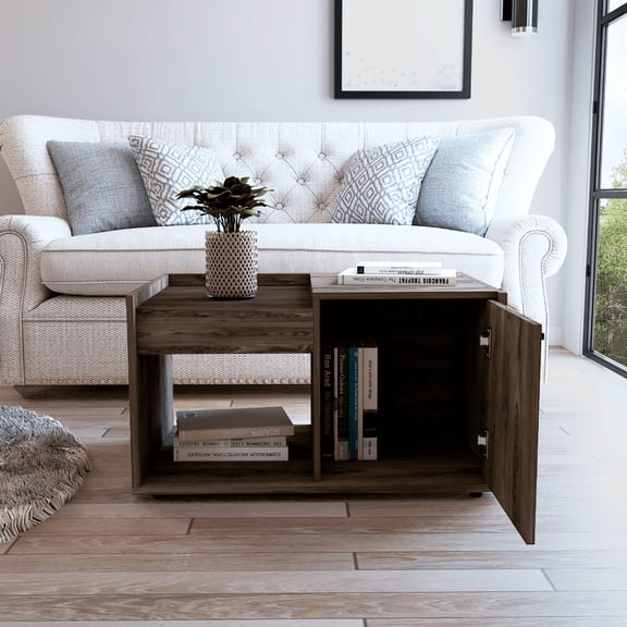 Xukmct Wood Coffee Table with 1 Open Shelf and Single Door Cabinet, Tea Table for Living Room, Office, Dark Brown