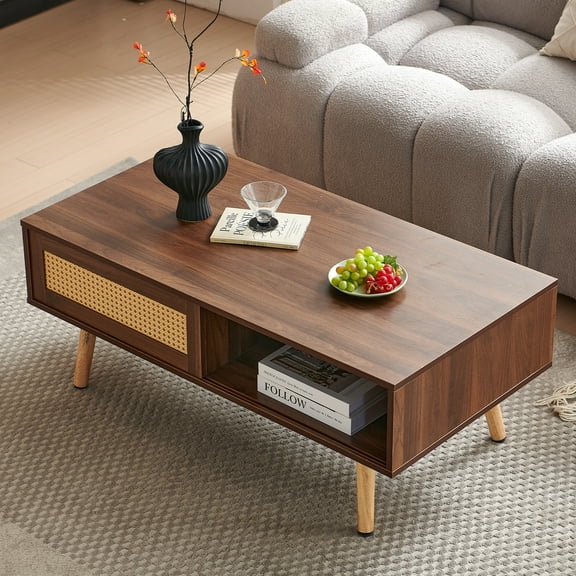 Xukmct Wood Coffee Table with Open Shelf, Rectangle Center Table for Living Room, Office, Brown
