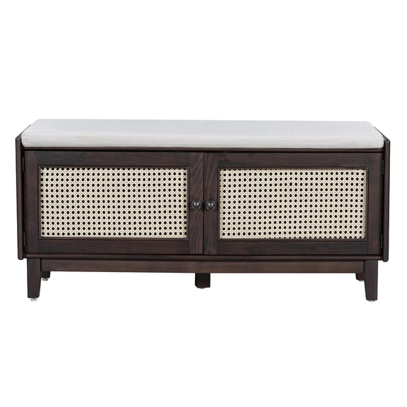 Xukmct Wood Frame Storage Bench with 2 Doors, Upholstered Seat Shoe Bench Organizer for Hallway, Living Room, Dark Brown