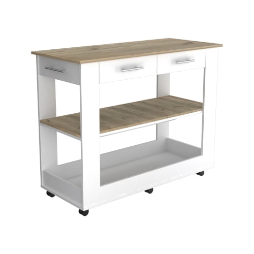 Xukmct Wood Kitchen Island with Wheels and 2 Drawers and Lower Open Shelf, Perfect for Living Room, Kitchen, White + Light Brown