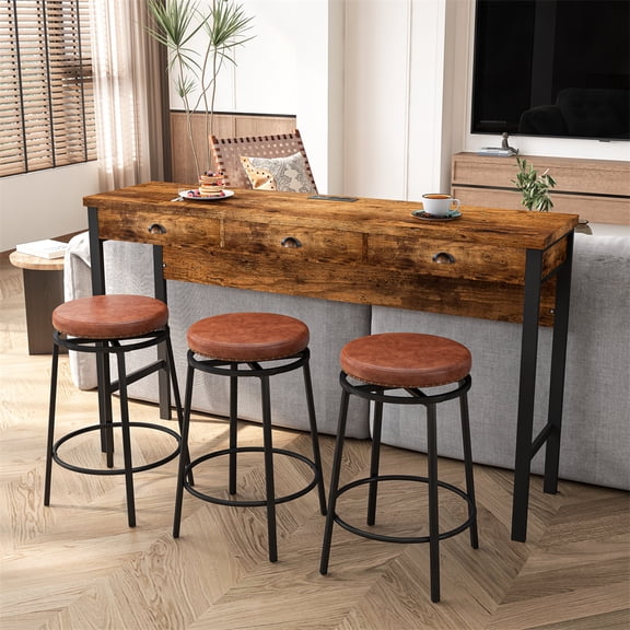 Xukmct Wood Long Dining Table with Power Outlets and 3 Drawer, Bar Table Set with 3 PU Stools, Brown