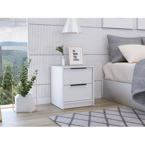 Xukmct Wood Nightstand with Metal Handle and 2 Drawers, Beside Table for Home, Bedroom, White