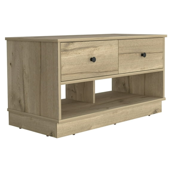 Xukmct Wood Storage Bench with 2 Drawers and 2 Open Shelves, Perfect for Living Room
