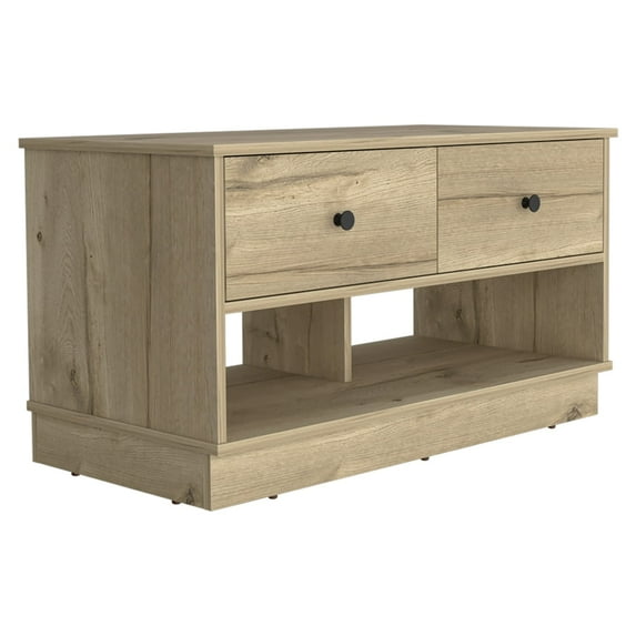 Xukmct Wood Storage Bench with 2 Drawers and 2 Open Shelves, Perfect for Living Room