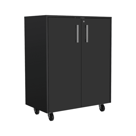 Xukmct Wood Storage Cabinet with 4 Wheels and 2 Inner Shelves, 2 Door Storage Cabinet for Living Room, Office, Black