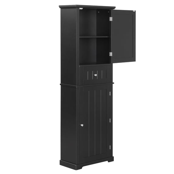 Xukmct Wood Tall Bathroom Storage Cabinet with 1 Drawer and 5 Inner Shelf, 2 Doors Freestanding Storage Cabinet for Living Room, Bathroom, Black