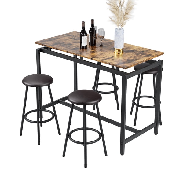Xukmct Wood Top Bar Table with 4 PU Seat Stools, Metal Frame Bar Table Stools Set for Home, Bar, Dining Room