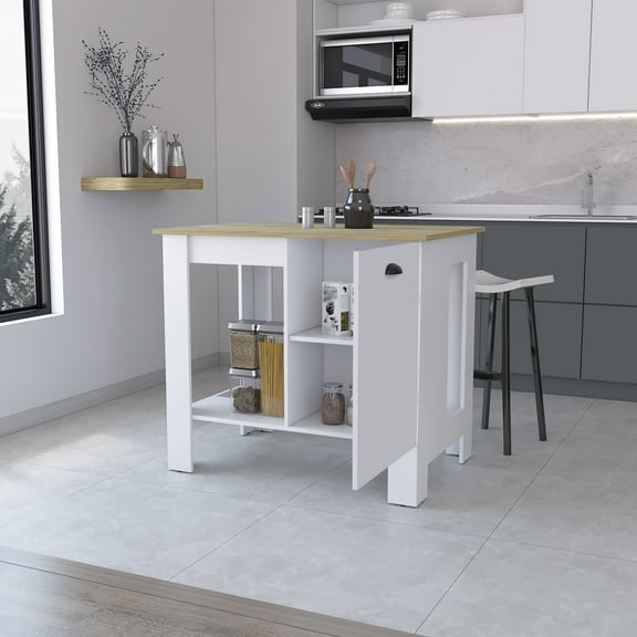 Xukmct Wood Top Kitchen Island with Single Door Cabinet and Lower Open Shelf, Counter Height Table for Dining Room, Kitchen, Bar
