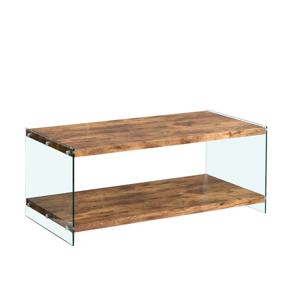 Xukmct Wood Top Tea Table Sofa Table with Tempered Glass Base, Rectangle Coffee Table for Living Room, Office