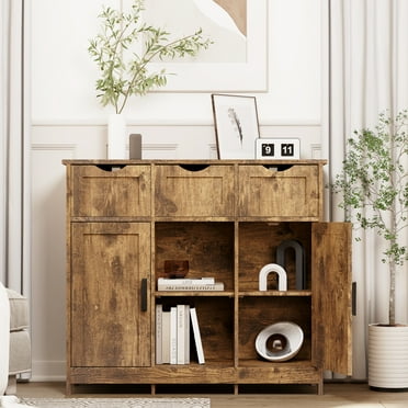 Xukmct Wooden Storage Cabinet with Drawers and Open Shelves, 2 Door Storage Cabinet for Living Room, Bedroom, Bathroom, Brown