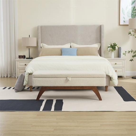 Xukmct Wool Fabric Storage Bench with Solid Wood Legs, Upholstered Bed End Stool Storage Ottoman for Living Room, Bedroom, Beige