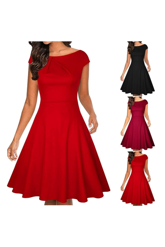 Xulbb Solid Women's Dresses Elegant Night Dinner Dress Ball Gowns High Quality Women Dress with Round Neckline Short Sleeves Fancy Summer Sundress Beach Fashion Club Party Dress