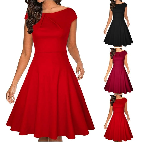 Xulbb Solid Women's Dresses Elegant Night Dinner Dress Ball Gowns High Quality Women Dress with Round Neckline Short Sleeves Fancy Summer Sundress Beach Fashion Club Party Dress