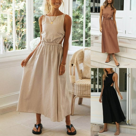 Xulbb Solid Women's Dresses Elegant Night Dinner Dress Ball Gowns High Quality Women Dress with Round Neckline Short Sleeves Fancy Summer Sundress Beach Fashion Club Party Dress