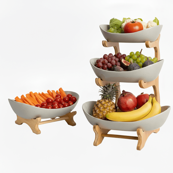 XunKA 3-Tier Fruit Ceramic Bowl for Kitchen Counter, Detachable Rack for Fruit Vegetable Snack Dessert Storage, Brown