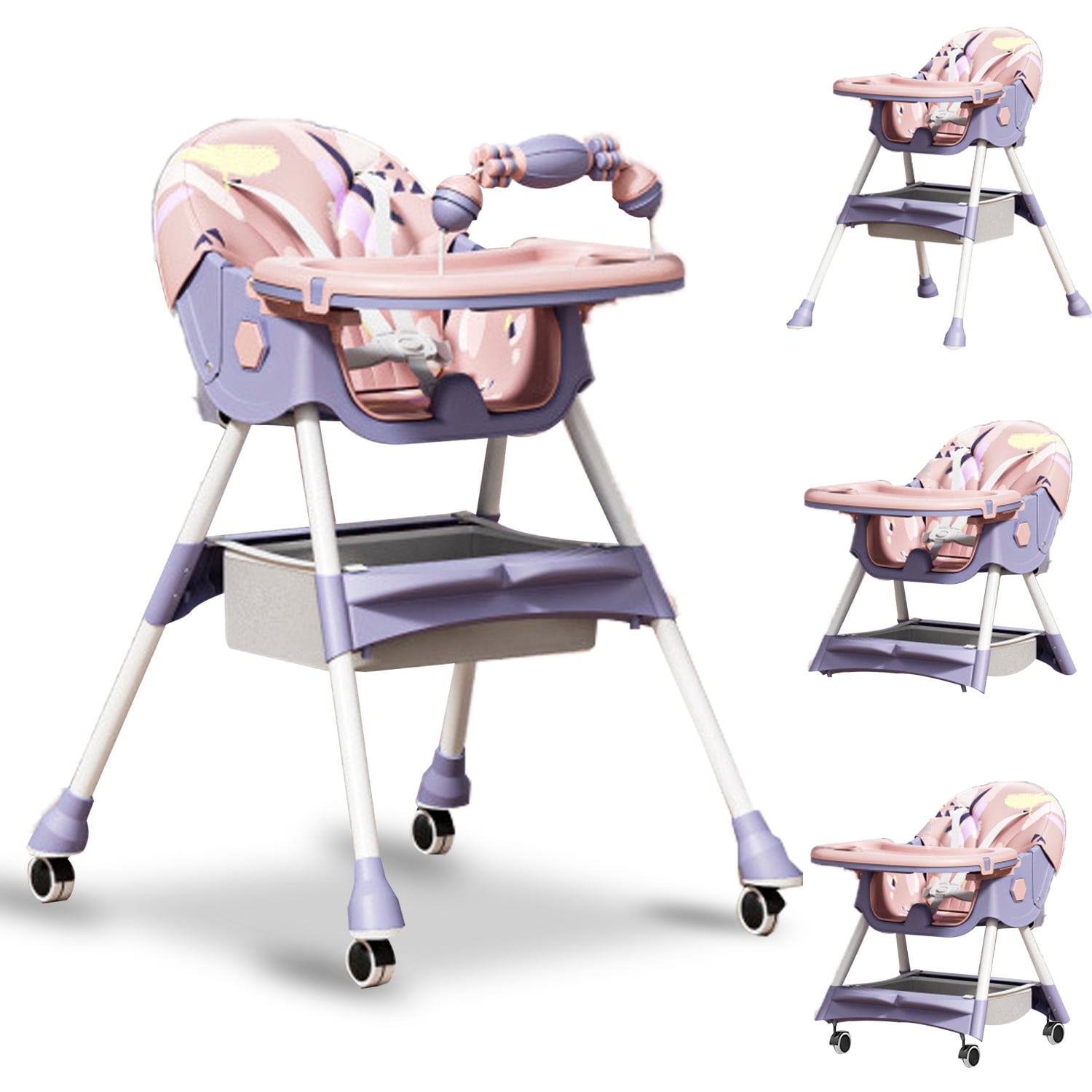 XunKA 4-in-1 Baby High Chair, Portable Dining Chairs Eat & Play with Double-Layer Dinner Plate and Toy Rack,for Months Infants and Toddlers,Purple.