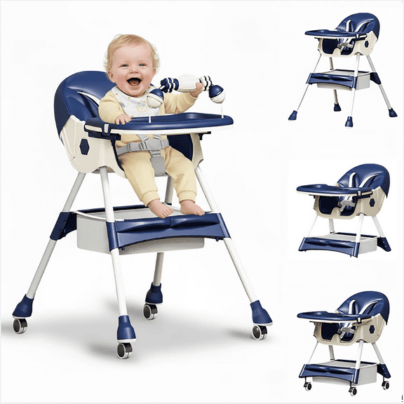 XunKA 4-in-1 Baby High Chair, Convertible Feeding Chair for Infant with Double-Layer Dinner Plate and Toy Rack for 6 Months to 3 Years, Blue