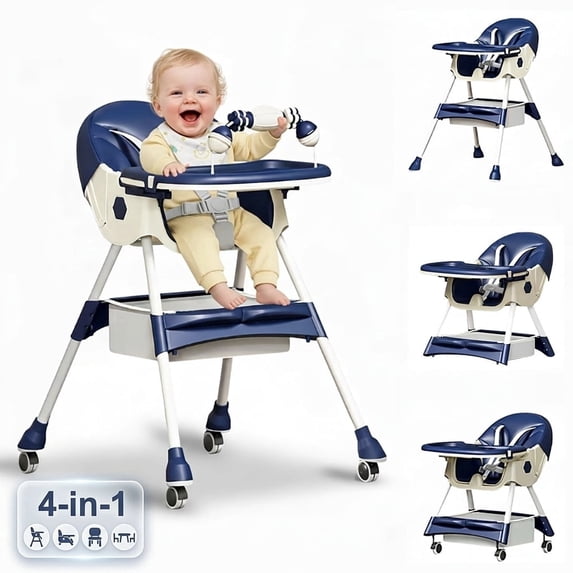 XunKA 4-in-1 Baby High Chair, Convertible Feeding Chair for Infant with Double-Layer Dinner Plate and Toy Rack for 6 Months to 3 Years, Blue