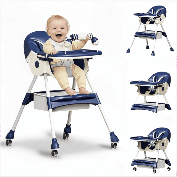 XunKA 4-in-1 Baby High Chair, Convertible Feeding Chair for Infant with Double-Layer Dinner Plate and Toy Rack for 6 Months to 3 Years, Blue