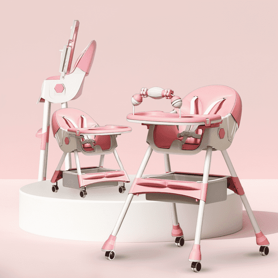 XunKA 4-in-1 Baby High Chair, Portable Fortable Toddler Dining Chair Eat & Play with Double-Layer Dinner Plate and Toy Rack for 6-36 Month, Pink.