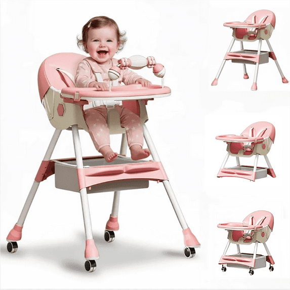 XunKA 4-in-1 Baby High Chair, Portable Fortable Toddler Dining Chair Eat & Play with Double-Layer Dinner Plate and Toy Rack for 6-36 Month, Pink.