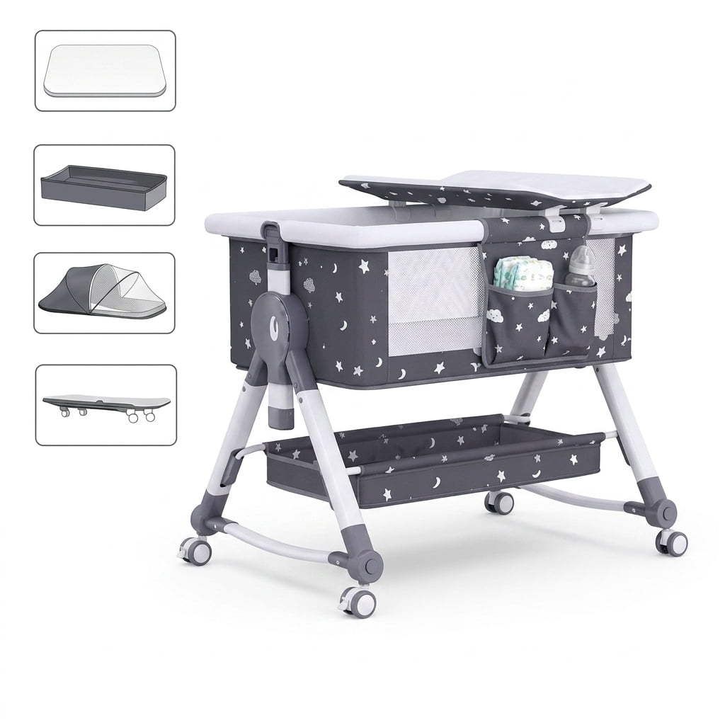 XunKA 4 in 1 Infant Baby Bassinet with Mosquito Net and Storage Rack,Adjustable Height,,Black.
