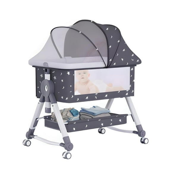 XunKA 4 in 1 Infant Baby Bassinet with Mosquito Net and Storage Rack,Adjustable Height,,Black.