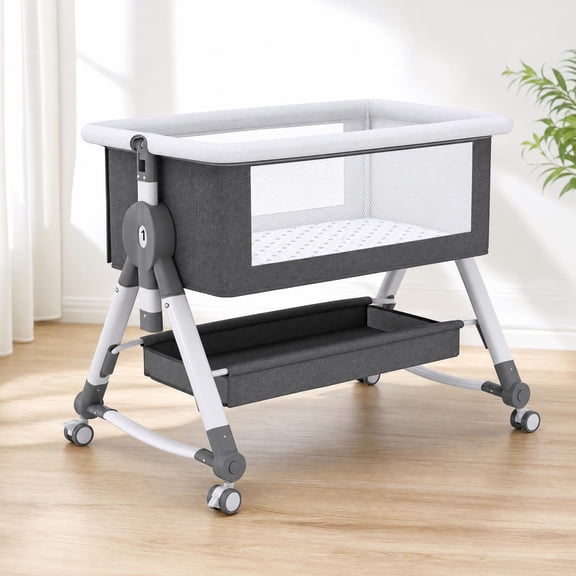 XunKA 4 in 1 Infant Baby Bassinet with Mosquito Net and Storage Rack,Adjustable Height,Gray.