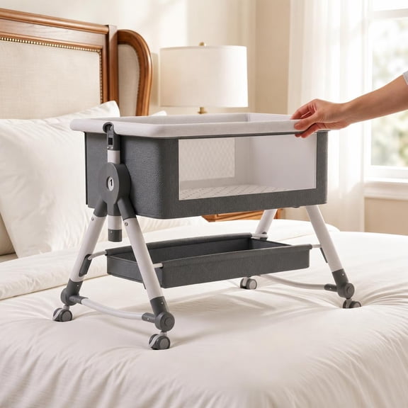 XunKA 4 in 1 Infant Baby Bassinet with Mosquito Net and Storage Rack,Adjustable Height,Gray.