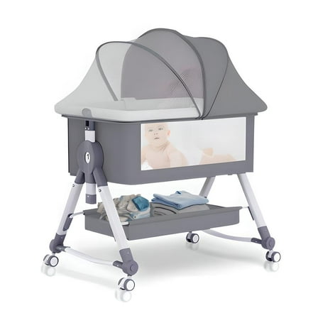 XunKA 4 in 1 Infant Baby Bassinet with Mosquito Net and Storage Rack,Adjustable Height,Gray.