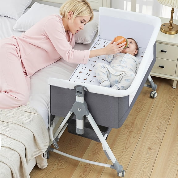 XunKA 4 in 1 Infant Baby Bassinet with Mosquito Net and Storage Rack,Adjustable Height,Gray.