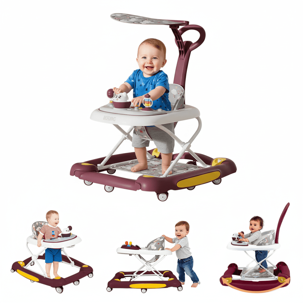 XunKA 6-in-1 Multifunctional Baby Walker, Foldable Push Walker with Musical Activity Station for 6-24 Months,Red.